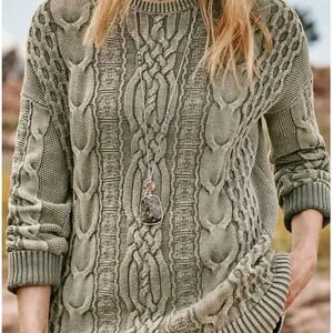 J. Jill Chunky Cable Knit Crewneck Sweater Stonewashed Earth Tone Faded Women S